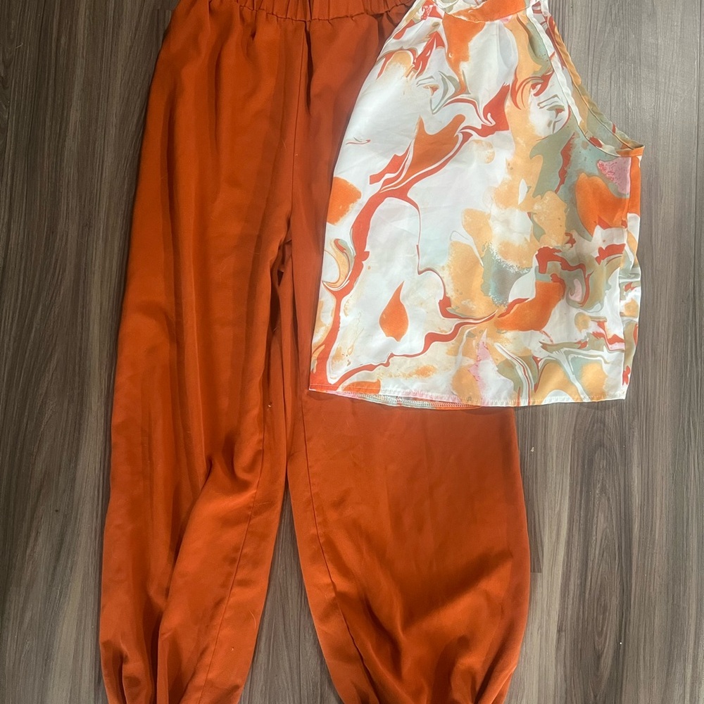 Orange Jogger Pants with Marble Print Crop Top
